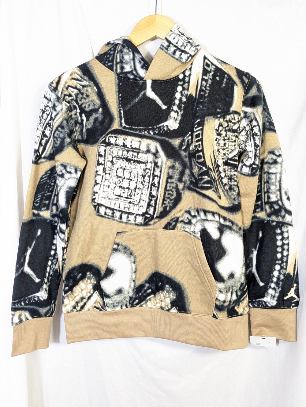 NWOT MVP All-Over Jordan Hoodie‎ Tan Black Cotton Blend Athleisure Boys Sz L